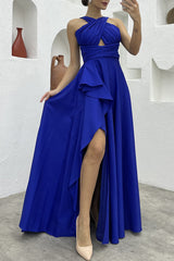 Elegant Formal Solid Slit Asymmetrical Halter Evening Dress Dresses