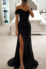 Elegant Solid Sequins High Opening Off the Shoulder Evening Dress Dresses(5 Colors)