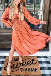 Satin Pocket Drawstring Long Sleeve Midi Dress