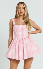 Caitlin Mini Dress - Gingham Square Neck Fit And Flare Dress In Pink