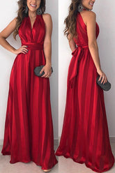 Stripe V Neck Belted Sleeveless Maxi Dress