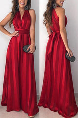 Stripe V Neck Belted Sleeveless Maxi Dress