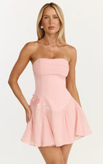 Penny Mini Dress - Strapless Corset Bodice Floral Embellished Godet Dress In Soft Pink