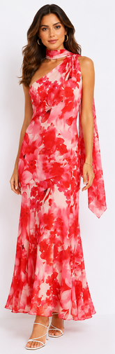 Ilyse Scarf One Shoulder Maxi Dress Floral Red
