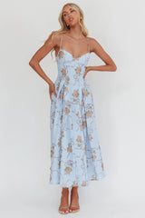 Get My Attention Pleat Waist Maxi Dress Bow Blue