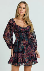 Jessell Mini Dress - Long Sleeve Cowl Corset Dress In Burnt Out Floral