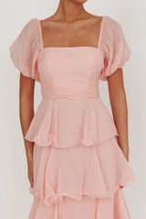 Giavana Puff Sleeve Layered Maxi Dress Baby Pink
