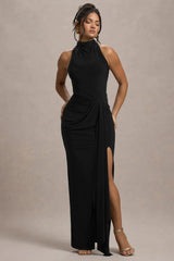 Khari | Black High-Neck Twisted Maxi Dress With Drape