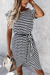 Stripe O Neck Slit Hem Belted Dress