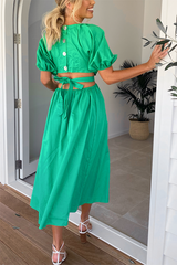 Cut Out Waist V Neck Puff Sleeve Dress