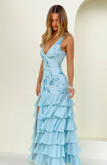 Eleanor Blue Sequin Ruffle Hem Maxi Dress