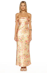 Ella Yellow Bloom Satin Maxi Dress
