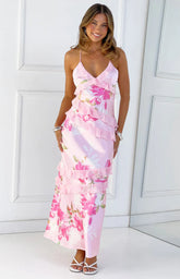 Inara Pink Floral Print Ruffle Maxi Dress