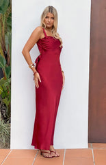 Laria Wine Satin Formal Maxi Dress