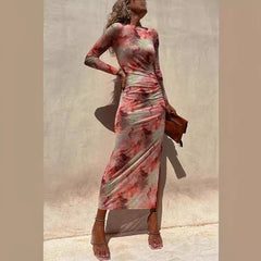 Tie Dye Long Sleeve Bodycon Midi Dress