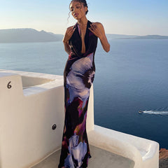 Tie-dye Floral Halter Drape Neck Backless Maxi Dress