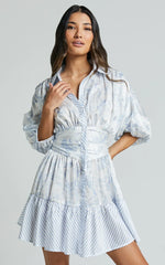 Amabella Mini Dress - 3/4 Sleeve Collared Button Up Dress In Blue