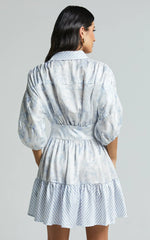 Amabella Mini Dress - 3/4 Sleeve Collared Button Up Dress In Blue