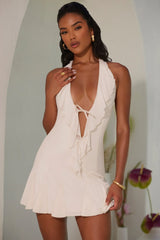 Halter Neck Ruffle A-Line Mini Dress In Ivory