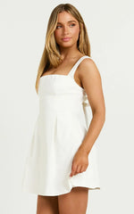 Ida Mini Dress - Wide Strap Straight Neck Bow Back Dress In White