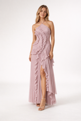 Women's Maxi Dress in Polyester Chiffon – Sleeveless Halter Gown