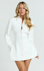 Thelma Mini Dress - Button Front Pleat Waist Tulip Skirt Shirtdress In White