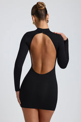 Modal Open-Back Long-Sleeve Mini Dress In Black