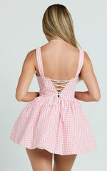 Caitlin Mini Dress - Gingham Square Neck Fit And Flare Dress In Pink