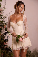 Long Sleeve Lace Corset Mini Dress In Ivory