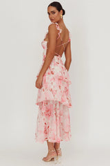 Veda Strappy Back Ruffle Maxi Dress Flowers Blush