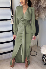 Deep V Neck Slit Hem Knotted Maxi Dress