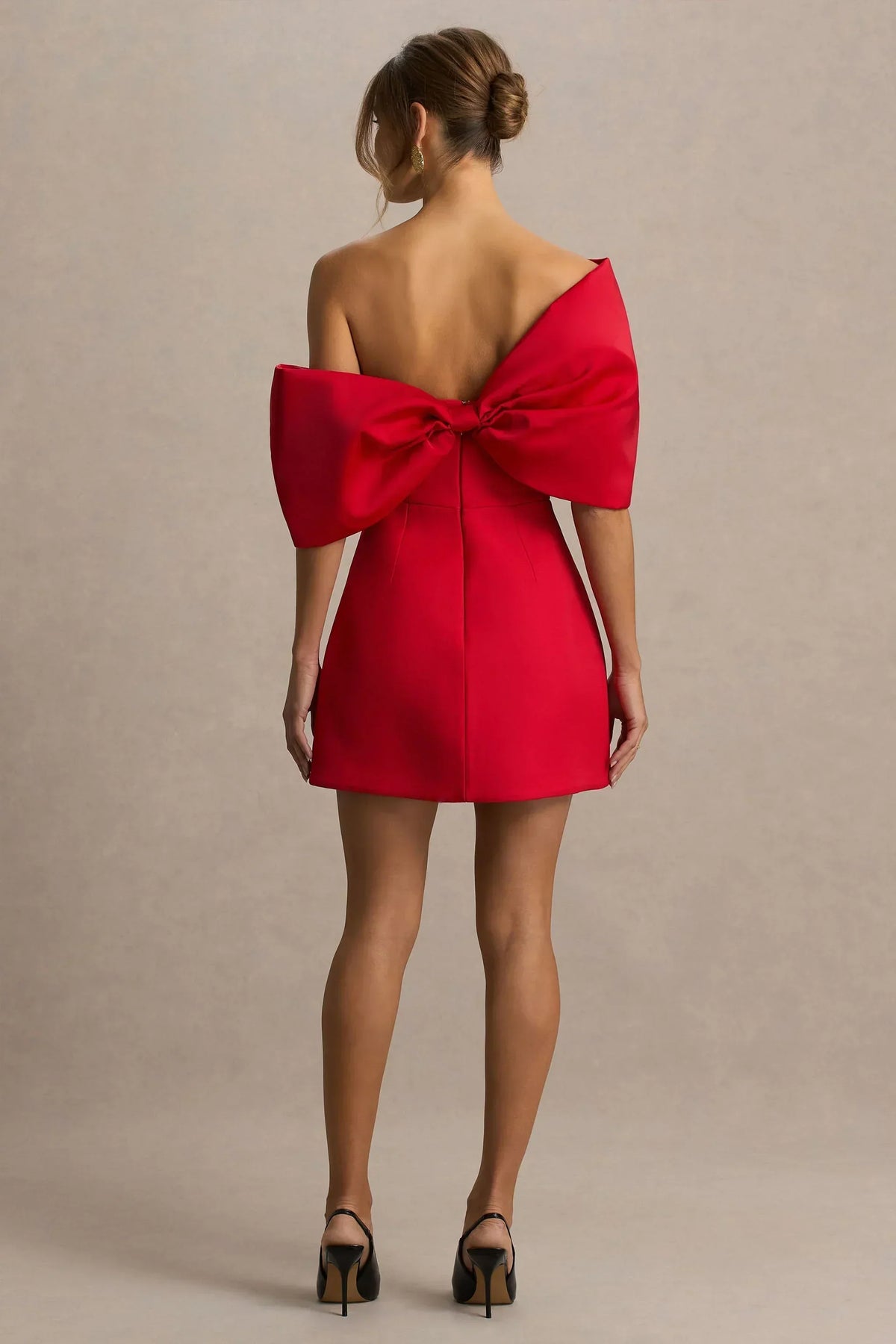 Tindra | Red Bandeau-Neck Mini Dress With Bow Sleeves