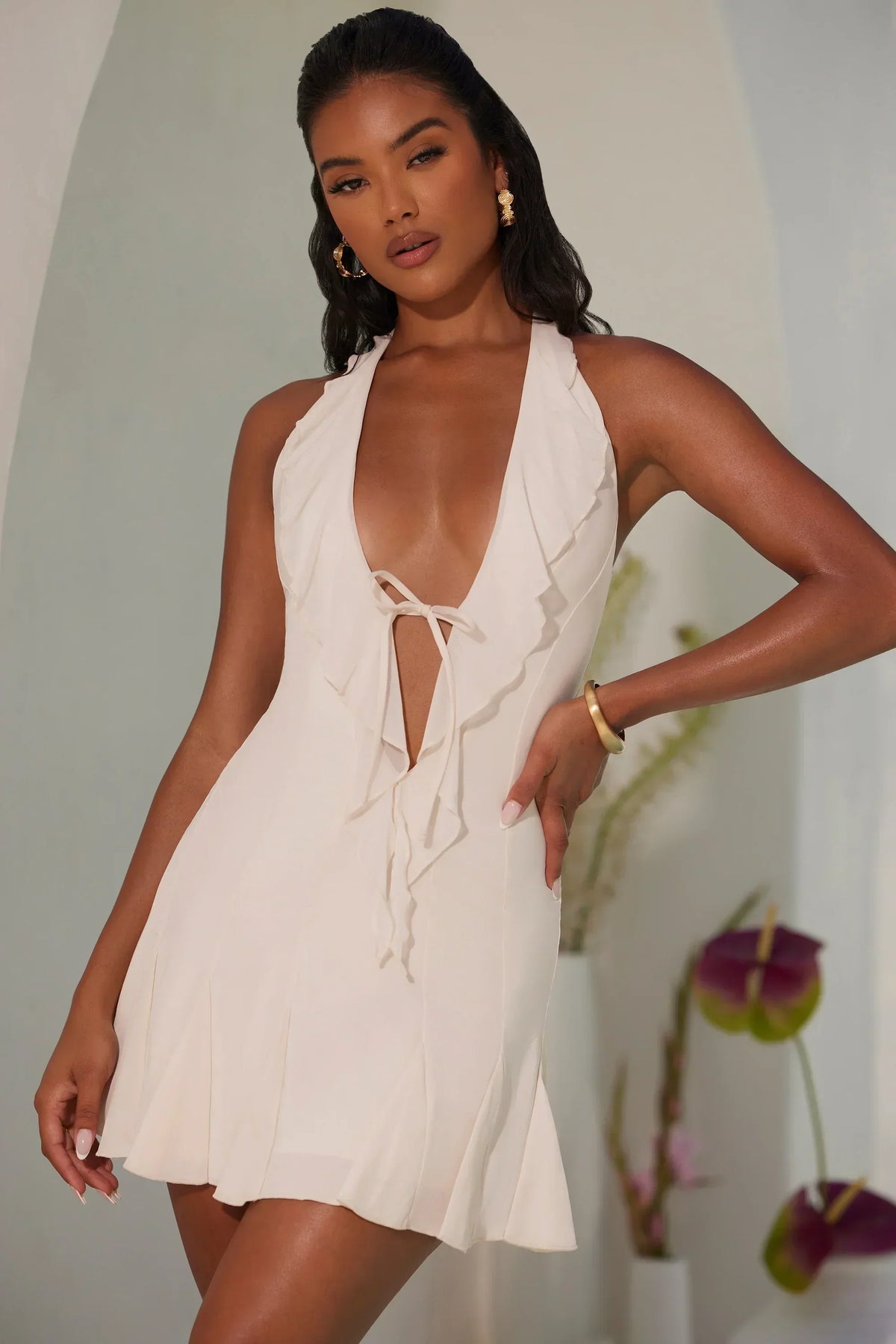 Halter Neck Ruffle A-Line Mini Dress In Ivory