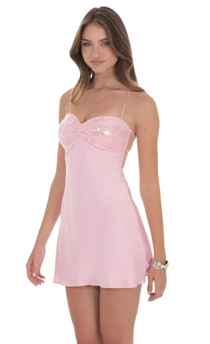 Satin Sequin Bust Dress in Pink