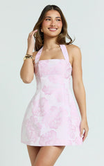 Gabbie Mini Dress - Jacquard Halter Fit And Flare Dress In Pink