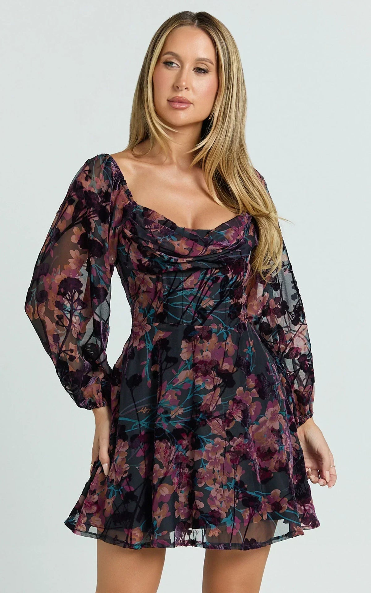 Jessell Mini Dress - Long Sleeve Cowl Corset Dress In Burnt Out Floral