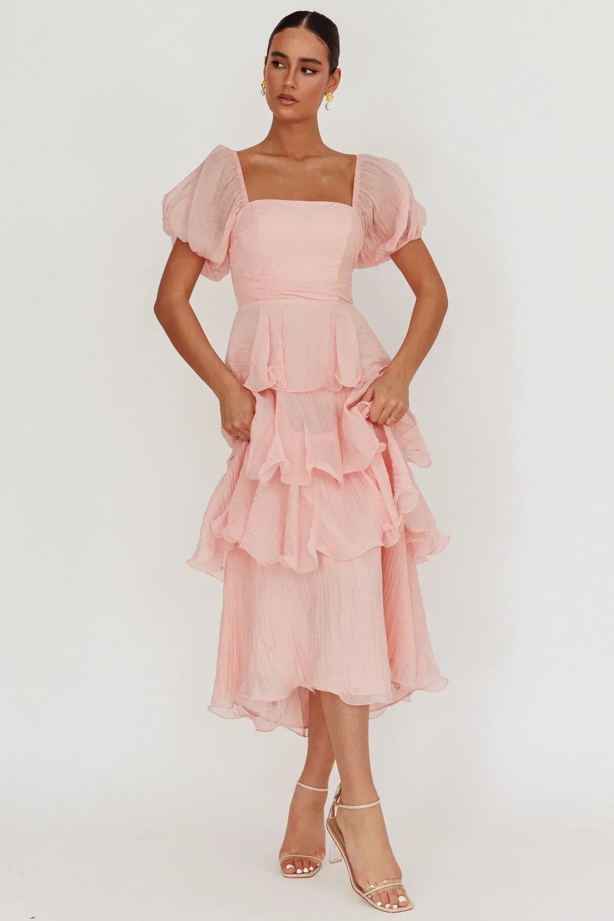 Giavana Puff Sleeve Layered Maxi Dress Baby Pink