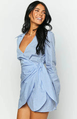 Holly Blue Stripe Tie Up Shirt Mini Dress