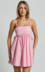 Clover Mini Dress Back Bow Babydoll Dress In Pink