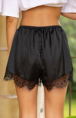 Agnes Black Lace Trim Satin Shorts