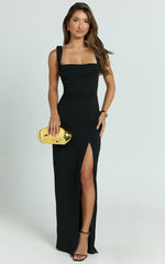 Donna Maxi Dress - Cowl Neck Column High Split Dress in Black