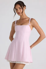 Bow-Detail Pleated A-Line Mini Dress in Soft Pink
