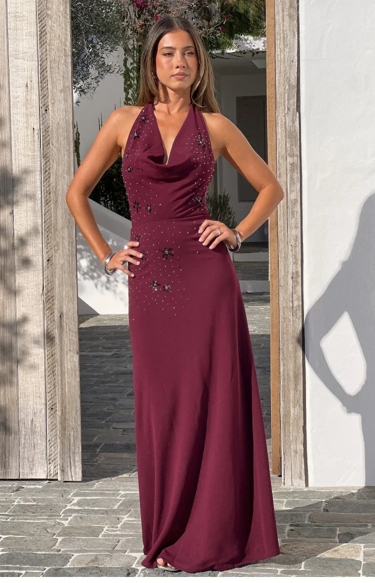 Corey Burgundy Beaded Crepe Maxi Dress