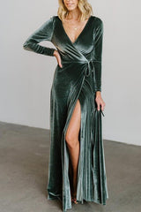 Velvet Long Sleeve Wrap Maxi Dress