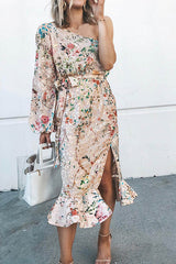 One Shoulder Print Split Ruffle Calf Length Dress