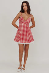 Noelle Lace Trim Mini Dress Gingham Red