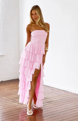 Kim Pink Strapless Ruffle Maxi Dress