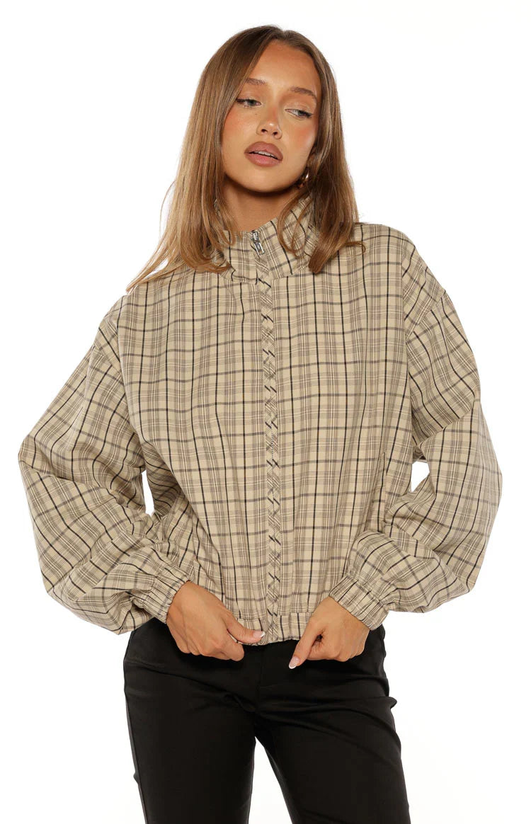 Lee Beige Plaid Funnel Neck Jacket - PRE ORDER