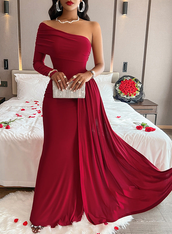 Elegant Solid Fold Oblique Collar Evening Dress Dresses