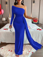 Elegant Solid Fold Oblique Collar Evening Dress Dresses